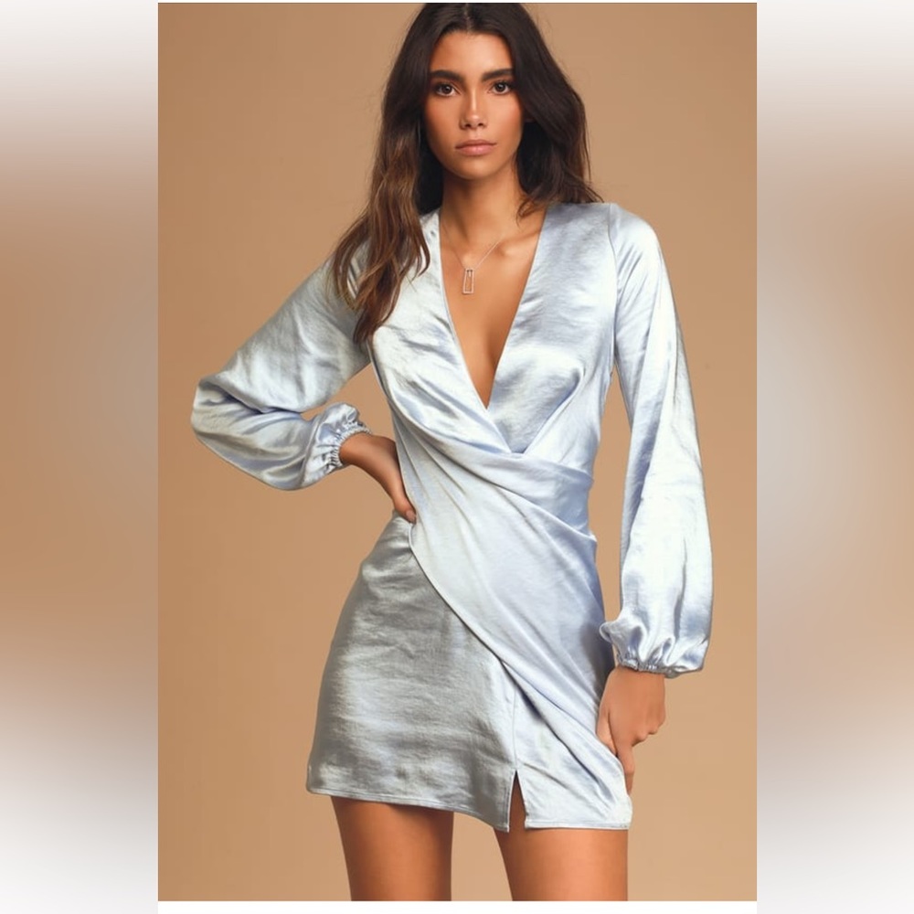 Lulu’s 🧚🏻‍♂️ As Always Light Blue Satin Balloon Sleeve Mini Dress